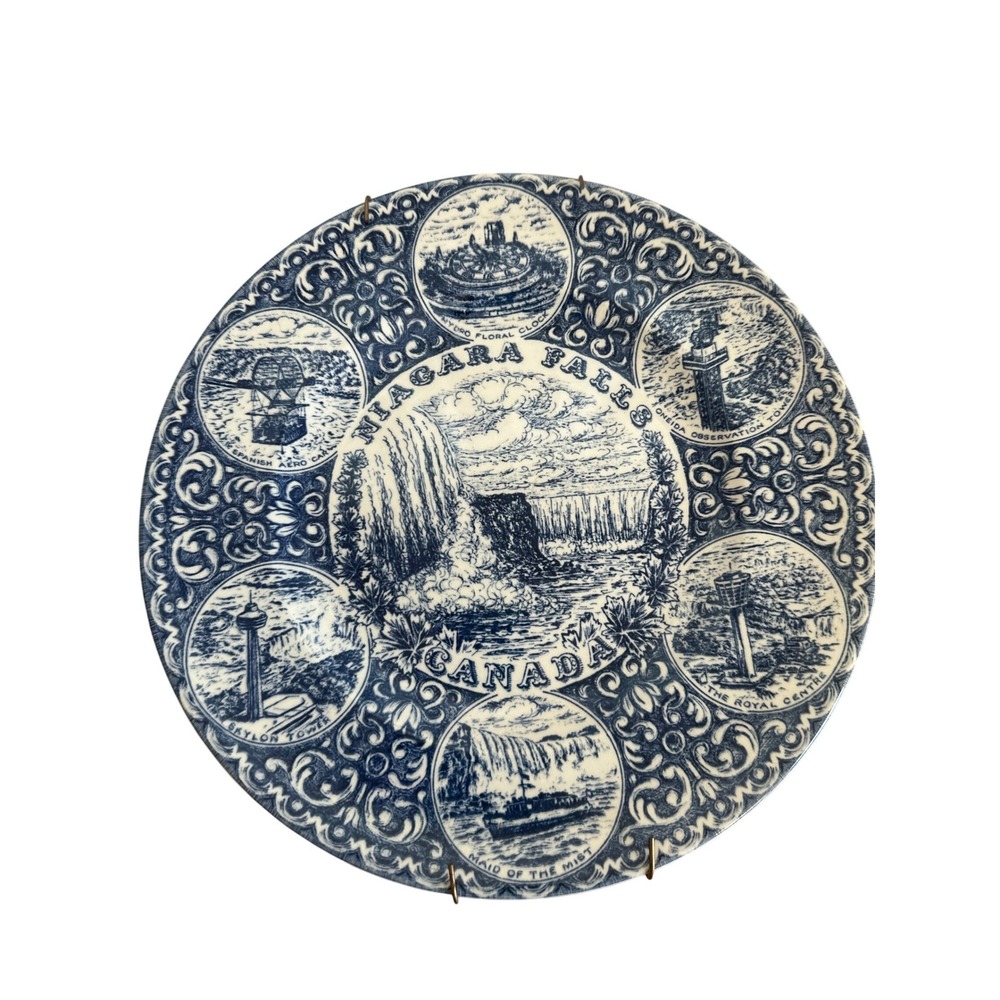 Wood & Sons Niagara Falls Canada Blue White Ironstone Souvenir Plate 10 inch